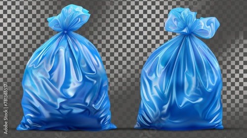 Mockup modern of polyethylene trashbags in a roll, empty and full of waste. Sack with refuse and tied string isolated on transparent background. photo