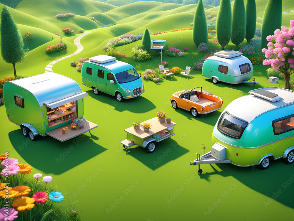 Naklejka premium Beautiful RV campsite cartoon miniature landscape model, with barbecue queues, snack trucks, small cars, green background grass, computer drawing style.
