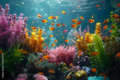 Vibrant underwater scene with marine life corals plants and fishes. Concept Underwater Photography, Marine Life, Coral Reefs, Fish Species, Vibrant Scenes
