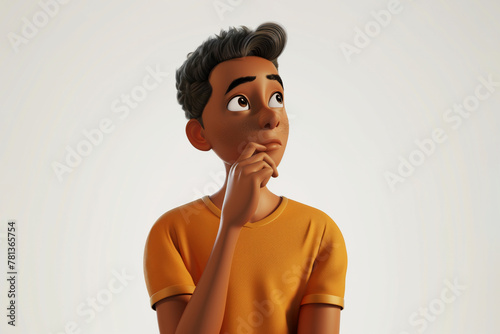 Thinking questioning dreaming planning cartoon character young adult man teen person portrait in 3d style design on white background. Human people feelings expression concept