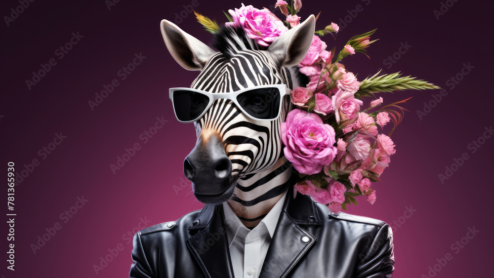 Fototapeta premium Anthropomorphic hyperrealistic cyberpunk zebra male character wearing black leather jacket on minimal floral background. Modern pop art illustration