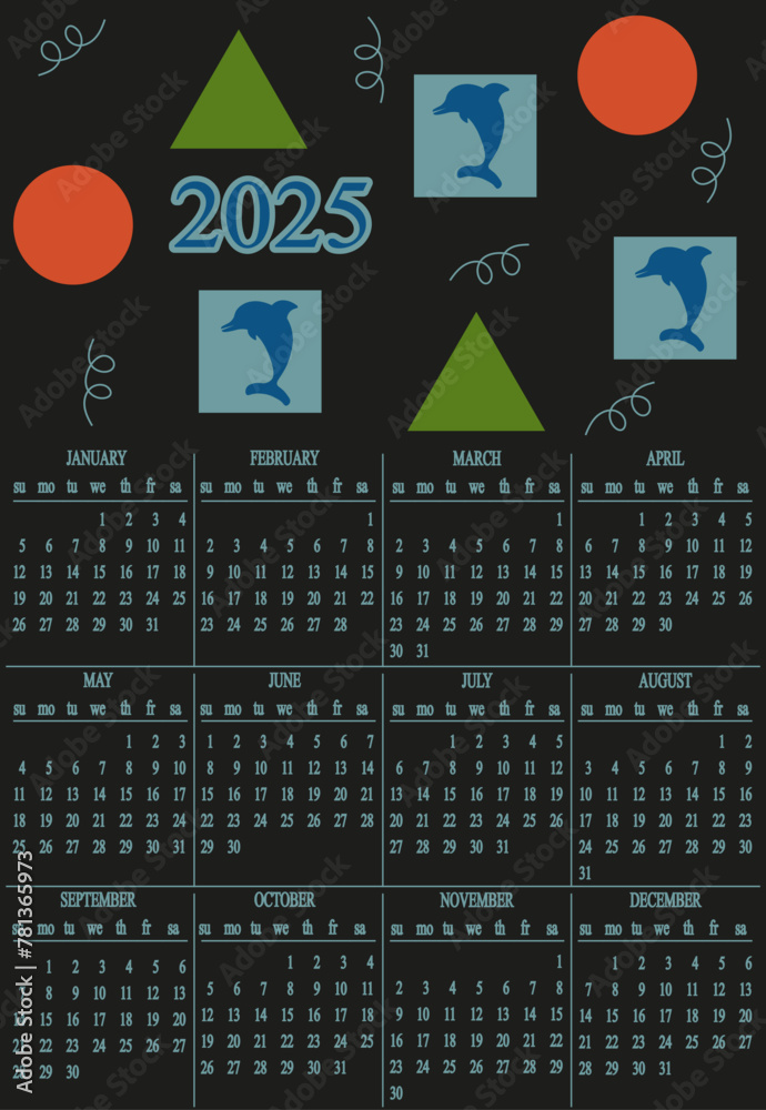 2025 Calendar Design with Contemporary Geometrical background. Template