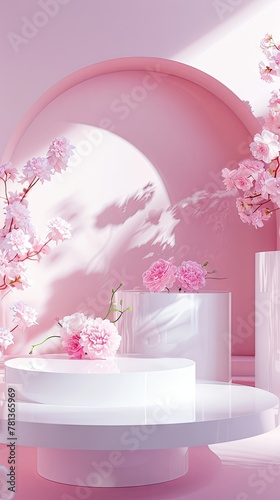Pink podium with flowers, product podium