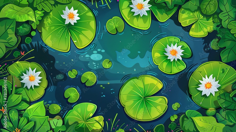 Obraz premium A swamp or lake top view with nenuphars or water lily pads. Natural background with deep marsh and lotus leaves, wild pond covered with duckweed and waterlily plants. Cartoon modern illustration.