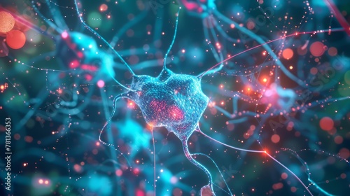 A close up of a brain with many neurons. The neurons are blue and red