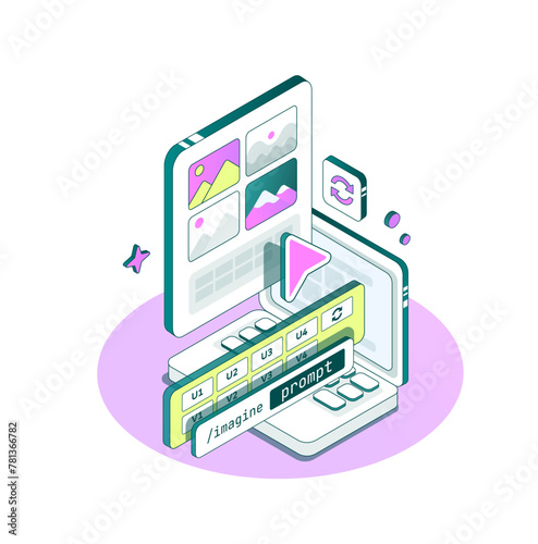 Artificial intelligence turns text into pictures. Isometric minimalist style. Prompt button command.  AI offers 4 pictures to choose from in the chat. Service for generating images. Neural Network
