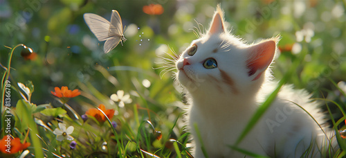 a cat in the garden and a butterfly