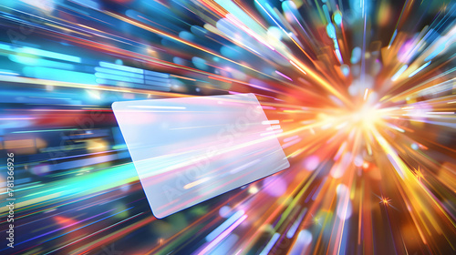 Card flying at high speed surrounded by colorful light trails and a blurred background of futuristic digital technology elements, fast and convenient financial transactions photo