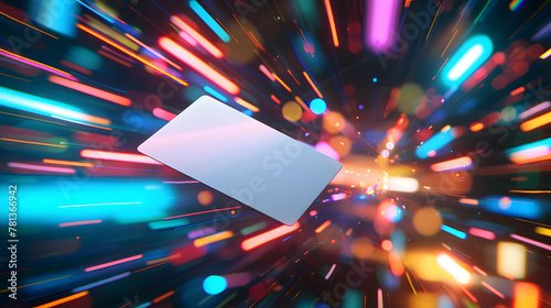 Card flying at high speed surrounded by colorful light trails and a blurred background of futuristic digital technology elements, fast and convenient financial transactions