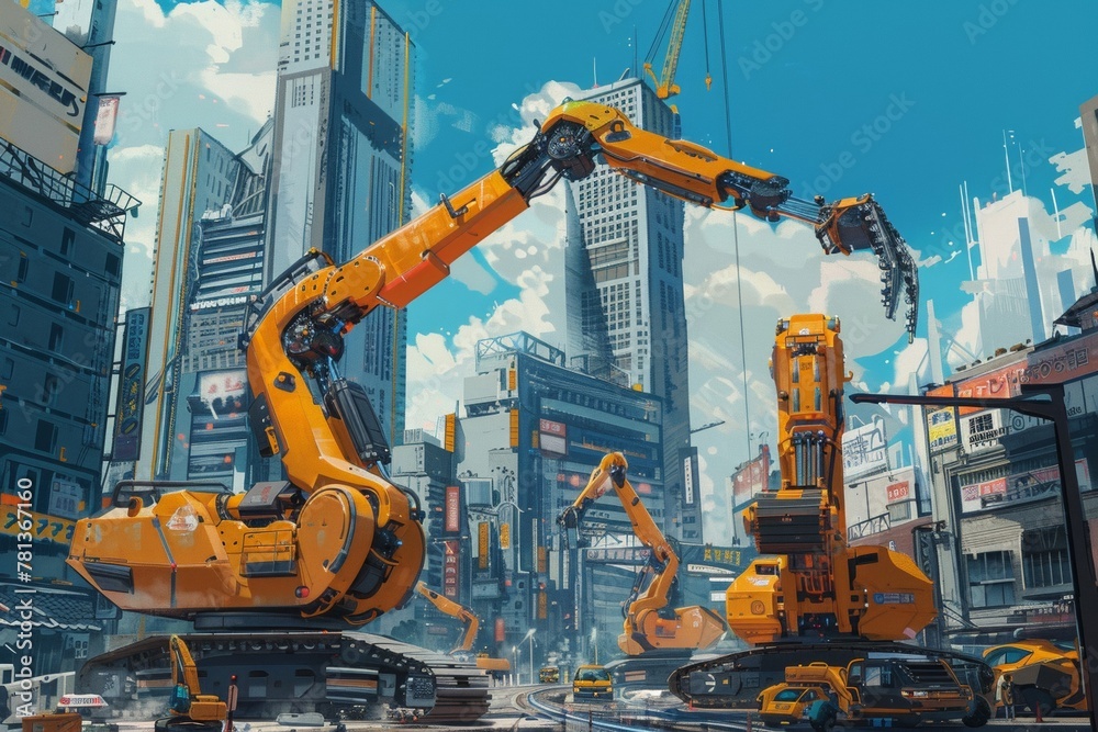 A group of construction robots, working together to erect towering skyscrapers in a bustling cityscape A group of construction robots, working together to erect towering skyscrapers in a bustling cityscape