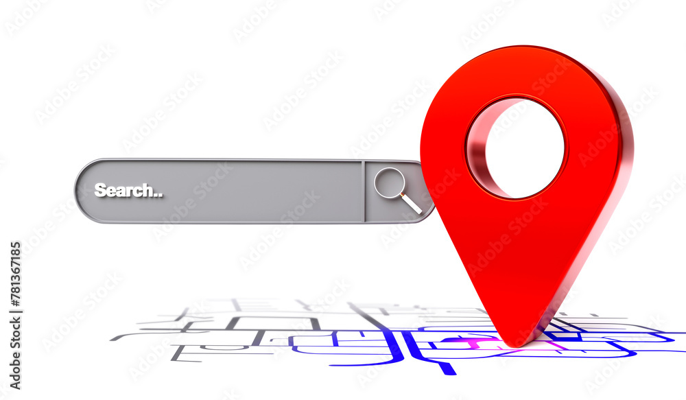 Navigation system and searching for location destinations on maps. GPS pins and search bar on map background Navigation system and searching for location destinations on maps. GPS pins and search bar on map background
