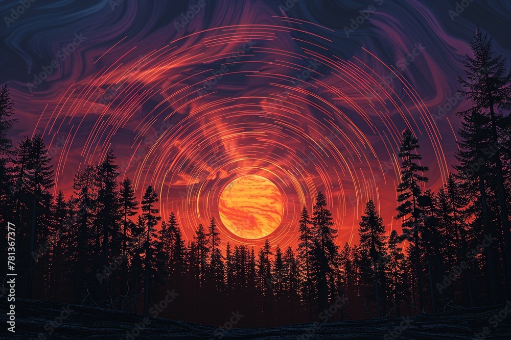 Immerse yourself in the captivating beauty of a sunset depicted through concentric circles in a golden yellow to deep crimson gradient, silhouetting a dense forest of fir trees against a warm backdrop Immerse yourself in the captivating beauty of a sunset depicted through concentric circles in a golden yellow to deep crimson gradient, silhouetting a dense forest of fir trees against a warm backdrop