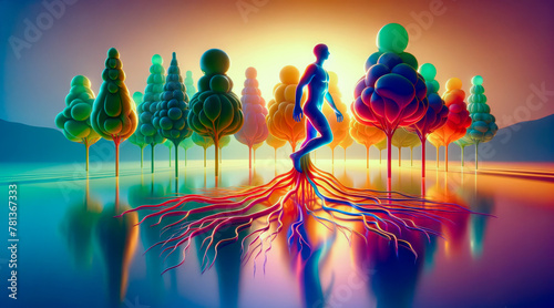 In a vibrant, dreamlike landscape, a human figure with visible roots walks amongst colourful, balloon-like trees symbolizing unity with nature under a serene sky. photo