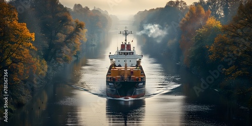 Cargo Vessel Passing Through Strategic Waterway Amid Autumnal Landscape photo
