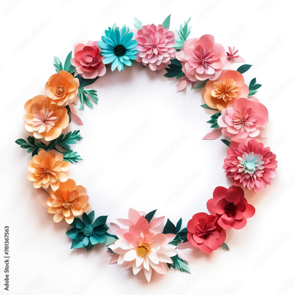 paper flowers, a lovely arrangement. round frame. illustration. artificial intelligence generator, AI, neural network image. background for the design.