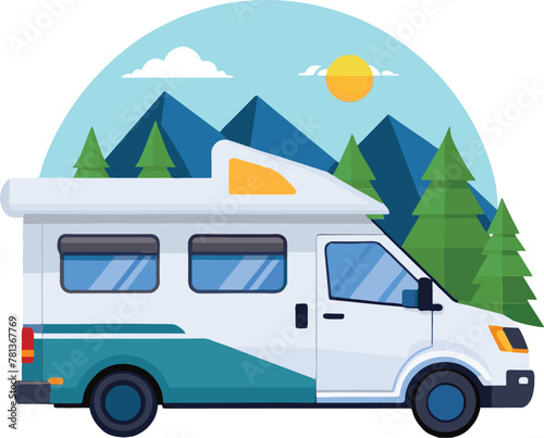 Illustration of a campervan with a beautiful mountain landscape backdrop © fiore26