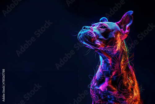 chien Staffordshire Bull Terrier sur fond noir avec effets néon multicolore