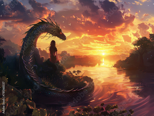 Anime-style Naga girl by river at sunset, merging myth and beauty in a tranquil waterscape