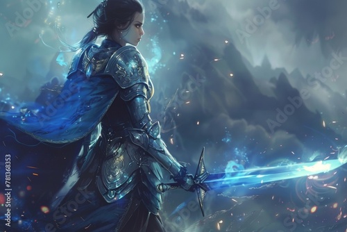 Armored female warrior poised in mystical landscape, wielding light-infused spear under stormy skies