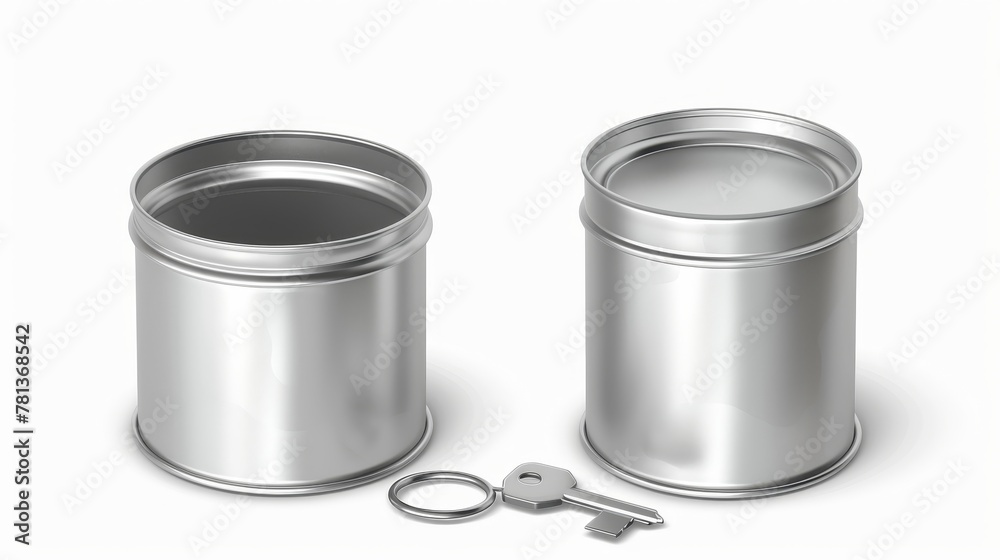 Front and angle view of a tin can with an open key, blank cylinder metal jar with pull ring on the lid, silver colored aluminium canister for cold drink isolated on white background, realistic 3D Front and angle view of a tin can with an open key, blank cylinder metal jar with pull ring on the lid, silver colored aluminium canister for cold drink isolated on white background, realistic 3D