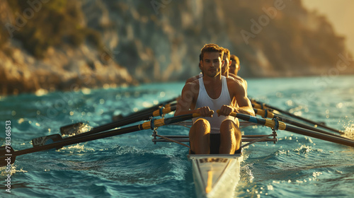 Focused rowing team in motion on warm sunny day, rowing on blur waters at golden hour near rocky coast. © master1305