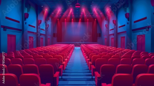 Movie theater hall with seat rows for audience and cinema projector. Modern cartoon illustration of empty auditorium interior with modern red chairs and projected lights.