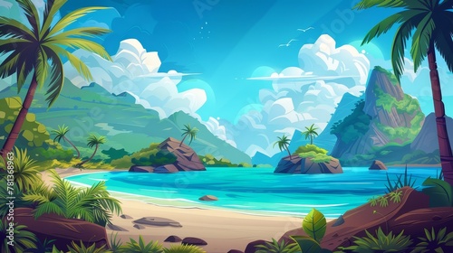 Tropical landscape with sand beach, palm trees, and mountains on horizon. Modern cartoon illustration of seascape with islands or shore of lagoon.