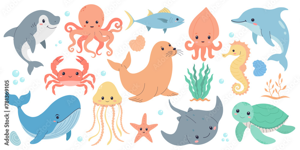 Set of cute sea inhabitants in flat style isolated on a white background. Sea life elements, fish and mammals of the oceans, shells and algae. Cartoon hand drawn style.