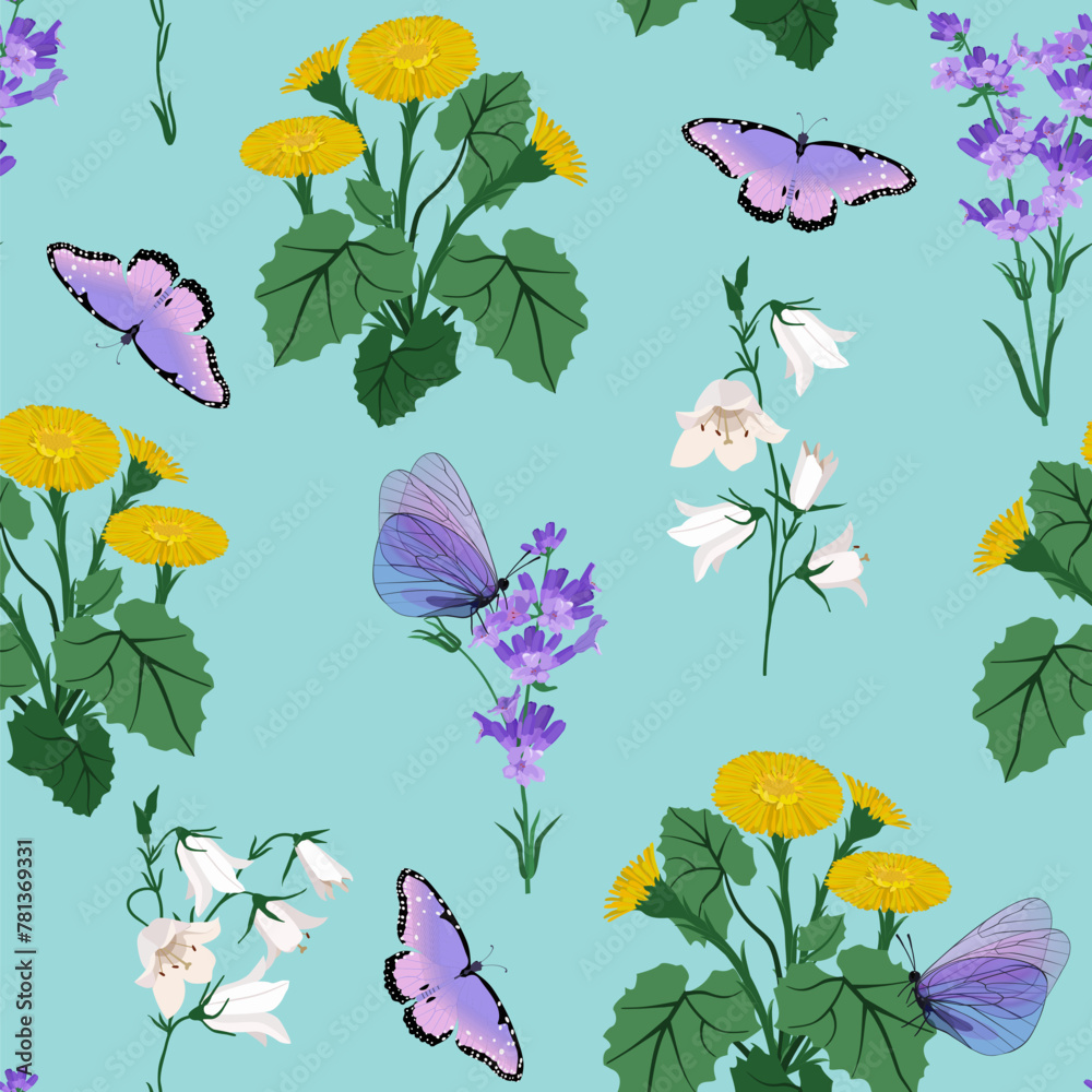 Wildflowers and butterflies on a turquoise background. - obrazy, fototapety, plakaty 