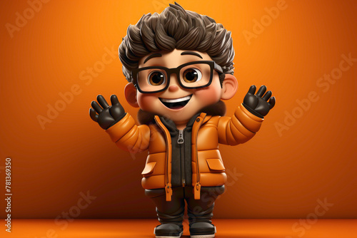A delightful 3D cartoon, sporting trendy attire, radiating warmth against a cheerful orange color background. © Life Style
