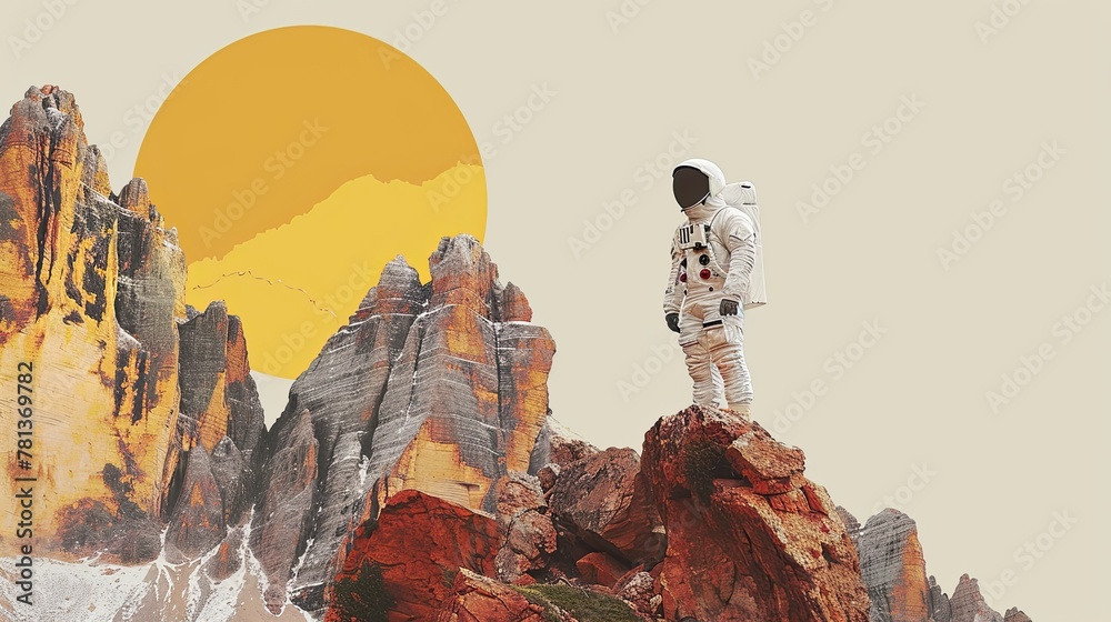 Poster of a vintage astronaut on the moon surface, editorial collage. - obrazy, fototapety, plakaty 