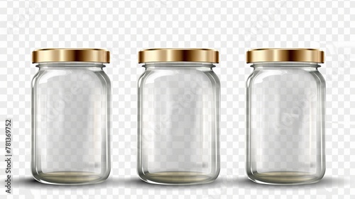 An empty glass jar with gold lid isolated on a transparent background. Modern realistic mockup of an empty clear bottle with screw cap that can be used for jam, canning, and preserving food. photo
