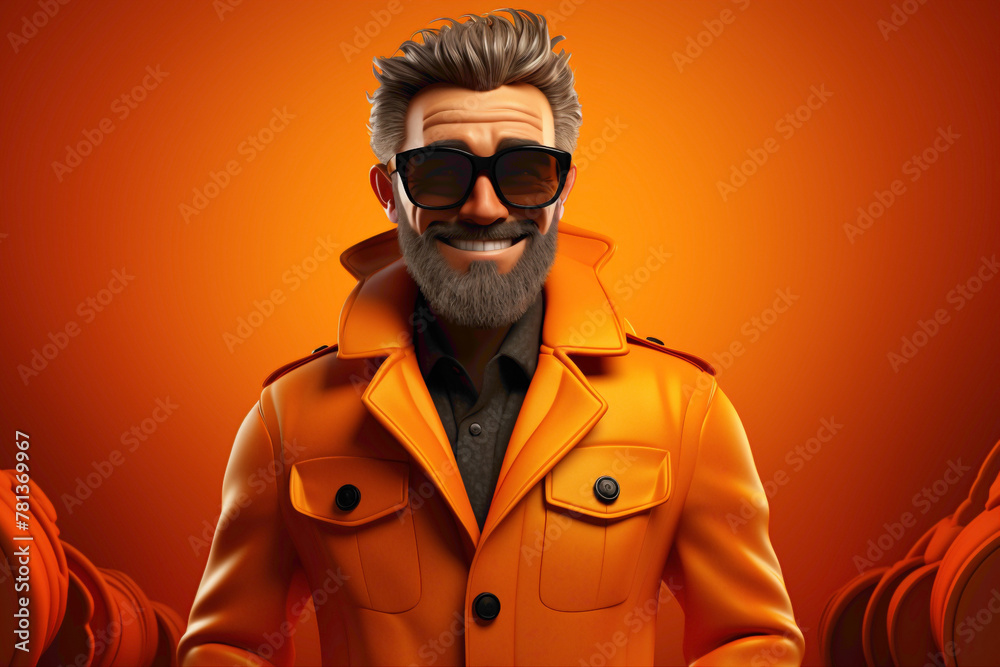 A delightful 3D cartoon, sporting trendy attire, radiating warmth against a cheerful orange color background.