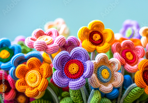 Colorful Handcrafted Crochet Flowers on Pastel Background