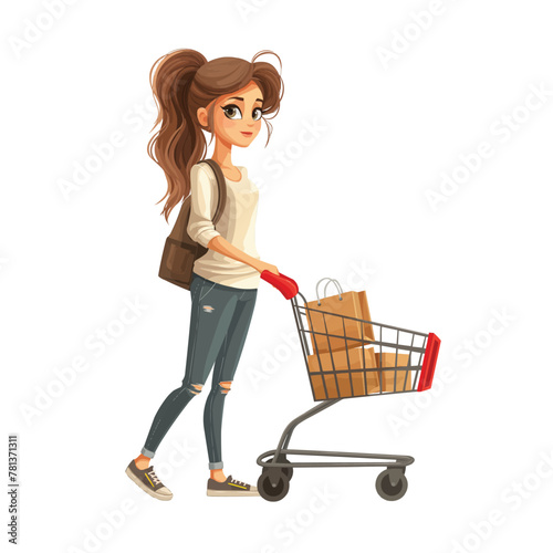 Girl with shopping cart, shopping, flat illustration isolated on white background, concept