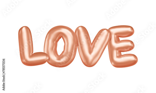 Inflated love word. 3D Balloon letters in golden color with glossy effect. Romantic element from cartoon bubble font. Vector isolated illustration.