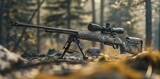 Precision hunting rifle with scope propped on forest floor, camouflage design blending with autumn leaves