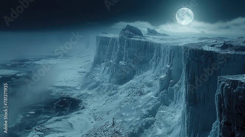 The craggy cliffs were illuminated by the soft glow of the moon, casting eerie shadows across the silent landscape.