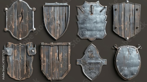 Various shapes of old shabby silver name plaques, sign boards with spalls on the background of a transparent modern background. photo