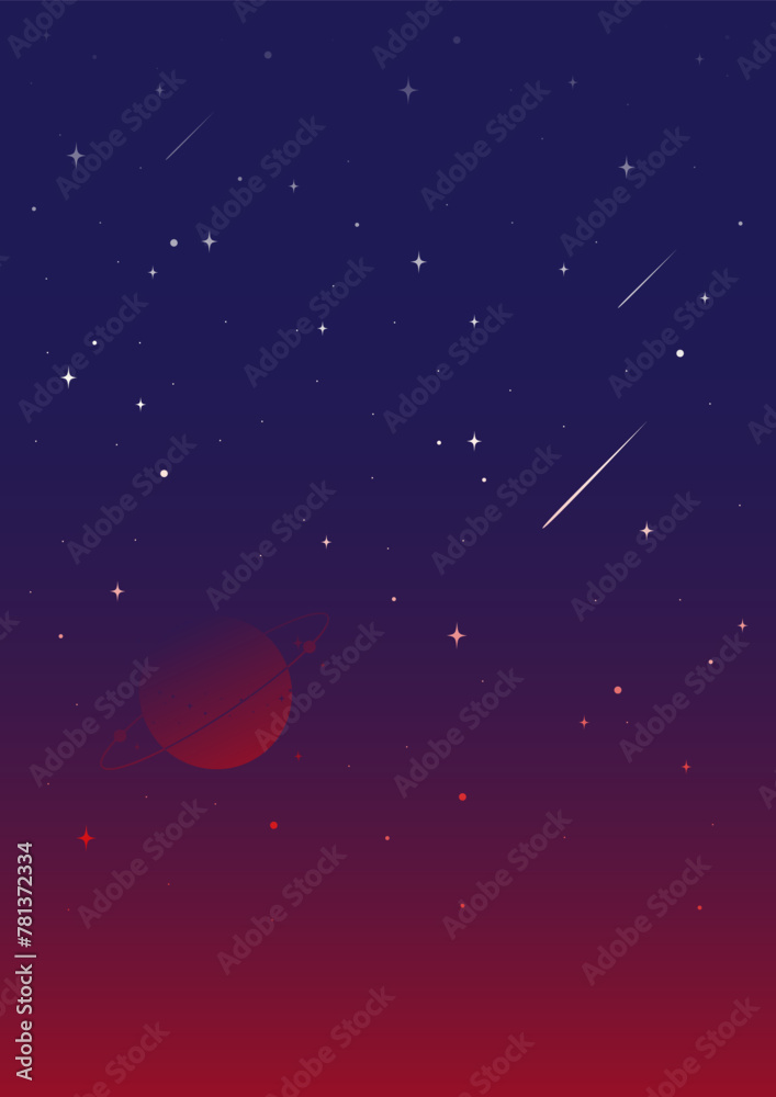 Glossy Saturn rising in bright evening sky. Aesthetic cosmic planet with shooting stars skyscape.