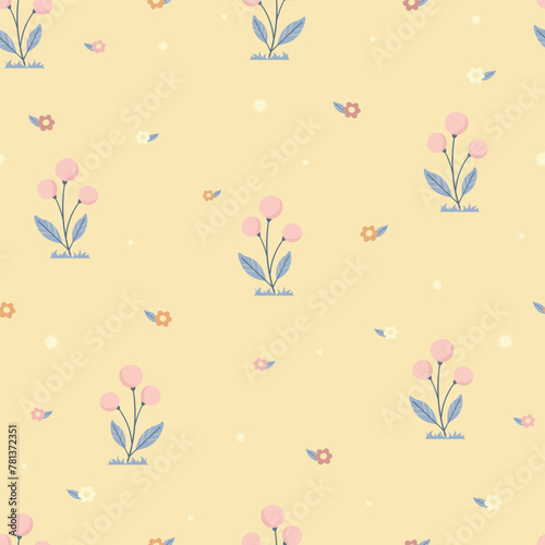 Colorful simple summer meadow seamless pattern. Leaves and flowers on beige background.
