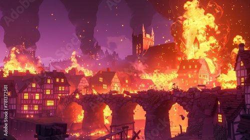 A city is on fire and a bridge is destroyed by the war