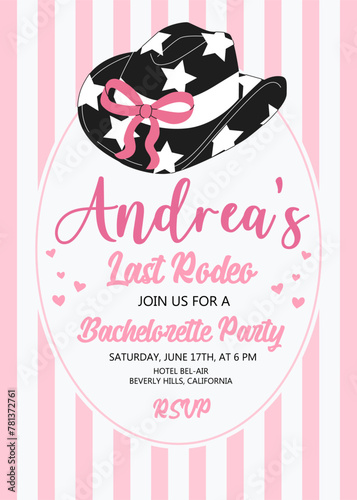 Hen Party invitation card. Last rodeo bachelorette party invitation template with coquette cowgirl hat and bow. Cowgirl disco party. Wedding stationery. Vector illustration.