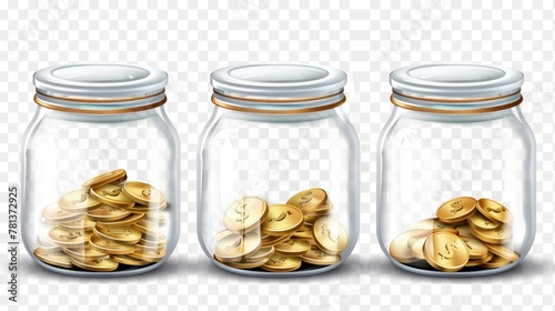 This realistic 3D set of clear acrylic jars with gold coins and a blank label would make a great gift for a pension fund, charity, or for tipping. photo