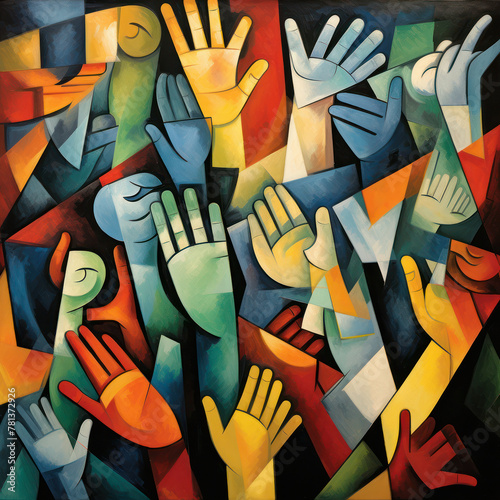 Vivid cubist artwork with multiple hands in a theme of togetherness