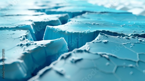 In the perspective view a large crack in the ice. A 3D blue rift in the ice. Modern realistic background with fractures in the ice caused by an earthquake or melting. photo