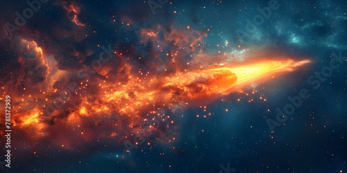 Fiery Comet Tail Blazing Across the Enigmatic Night Sky A Fleeting Celestial Visitor from Distant Realms