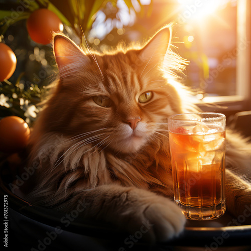 A fluffy ginger cat reclines with a cool beverage amidst sunlit citrus trees