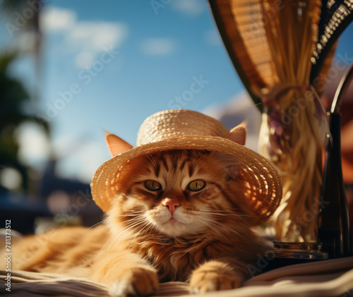 A tabby cat lies comfortably in a straw hat, soaking up the sunny ambiance
