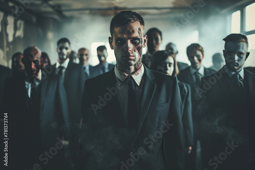 An elegant businessman zombie standing out among a crowd of suited figures in an apocalyptic office setting,